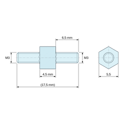 Чертеж с размери 4,5 mm / 6,5 mm, Шестоъгълна дистанционна втулка с външна/външна резба от синьо поцинкована стомана M3 - 5,5 mm между плоските страни