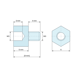 Чертеж с размери 5 mm / 4 mm, Шестоъгълна дистанционна втулка с външна/вътрешна резба от полиамидна пластмаса PA6.6 UL94-HB M3 - 6 mm между плоските страни