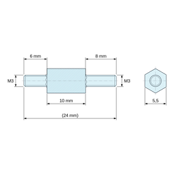 Чертеж с размери 10 mm / 6 / 8 mm, Шестоъгълна дистанционна втулка, външна/външна резба, синьо поцинкована стомана, M3 - под ключ 5,5 mm, щифтове 6 и 8 mm