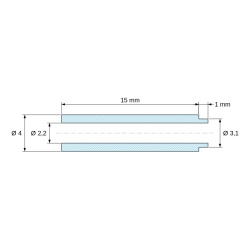 Чертеж с размери 15 mm, Дистанционна втулка със стъпало PA6-GF Ø2,2×4 mm, стъпало Ø3,1×1 mm, за M2, UL94-HB