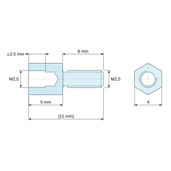Rozměrový výkres 5 mm / 6 mm, Šestihranný distanční sloupek se závitem, vnější / vnitřní, poniklovaná olovnatá mosaz, M2,5, SW 4 mm