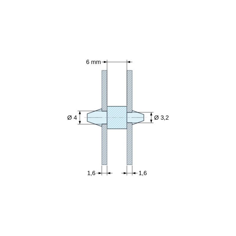 Rozměrový výkres 6 mm, Oboustranně zacvakávací podpěra DPS, Polyamid PA6.6, černý, UL94-HB, PCB Ø4/1,6 mm / CH Ø3,2/1,6 mm