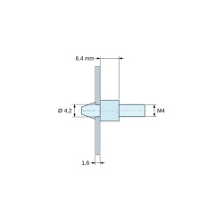 Rozměrový výkres 6,4 mm, Zacvakávací držák desky plošných spojů se závitem M4, přírodní polyamid PA6.6 UL94-V2, otvor Ø4,2 mm, deska 1,6 mm