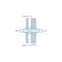 Rozměrový výkres 2 mm, Oboustranně zacvakávací podpěra DPS, Polyamid PA6.6, přírodní, UL94-V2, PCB Ø2,5/1,6 mm / CH Ø2,5/3,6 mm