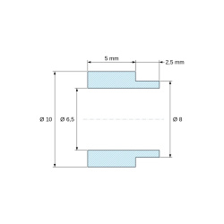 Rozměrový výkres 5 mm, Distanční sloupek s osazením PA6-GF Ø6,5×10 mm, osazení Ø8×2,5 mm, M6, UL94-HB