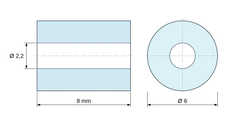 Måltegning af glat afstandsstykke i naturfarvet polystyrenplast Ø2,2x6mm til skrue M2 Måltegning af glat afstandsstykke i naturfarvet polystyrenplast Ø2,2x6mm til skrue M2