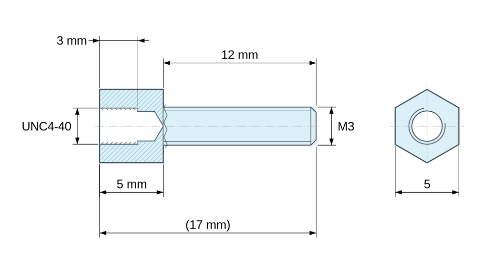 Måltegning af sekskantet afstandsstykke med han-/hun-gevind i gulforzinket stål UNC4-40 / M3 - 5 mm nøglevidde Måltegning af sekskantet afstandsstykke med han-/hun-gevind i gulforzinket stål UNC4-40 / M3 - 5 mm nøglevidde