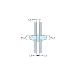Måltegning 1,6 mm, Printkortholder med kliklås i begge sider, naturfarvet PA6.6-polyamid UL94-V2, printkorthul Ø2,5 mm, printkort 1,6 mm