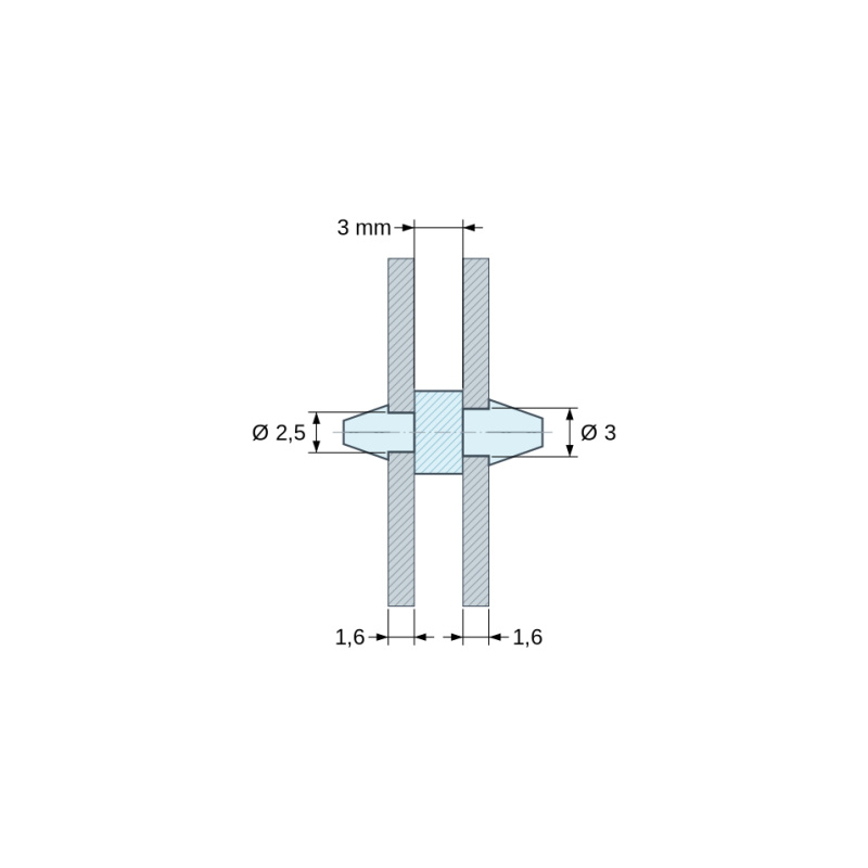 Måltegning 3 mm, Printkortholder med kliklås i begge sider, sort PA6.6-polyamid UL94-HB, PCB Ø2,5 mm 1,6 mm / chassis Ø3 mm 1,6 mm