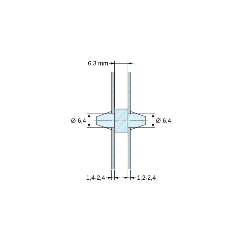Måltegning 6,3 mm, Dobbeltsidet klikmonteret printkortholder, PC-polycarbonat, sort, UL94-V2, PCB Ø6,4/1,4-2,4 mm / CH Ø6,4/1,2-2,4 mm