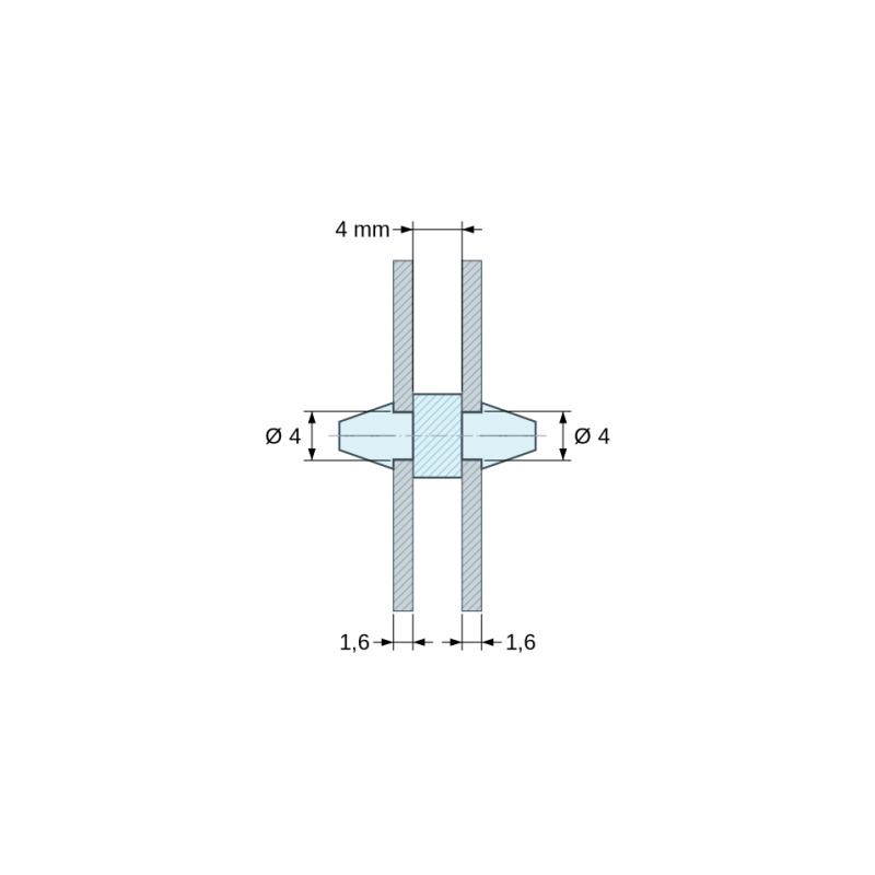 Måltegning 4 mm, Dobbeltsidet klikmonteret printkortholder, PA6.6 naturfarvet, UL94-V2, PCB-hul Ø4 mm, printkorttykkelse 1,6 mm