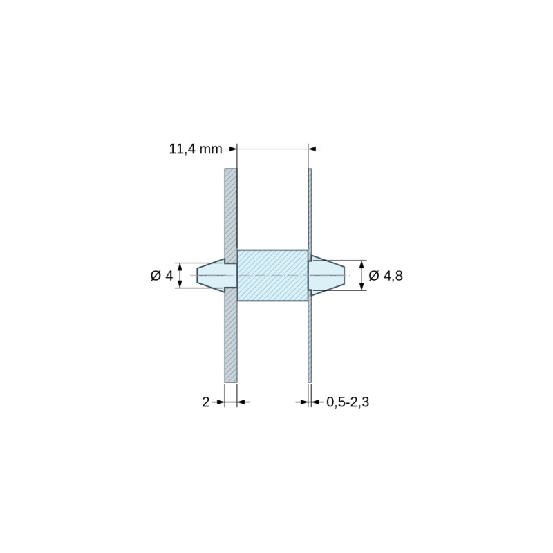 Måltegning 11,4 mm, Dobbeltsidet klikmonteret printkortholder, PA6.6-polyamid, naturfarvet, UL94-V2, PCB Ø4/2 mm / CH Ø4,8/0,5–2,3 mm