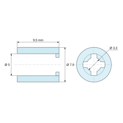Måltegning 9,5 mm, Selvholdende glat afstandsbøsning, naturfarvet PA6.6, UL94-V2, Ø5 × 7,9 mm, til M5-skrue