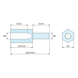 Σχέδιο με διαστάσεις 10,5 mm / 8 mm, Εξαγωνικός αποστάτης με αρσενικό/θηλυκό σπείρωμα από επινικελωμένο χάλυβα M3 - 5,5 mm μεταξύ επίπεδων πλευρών