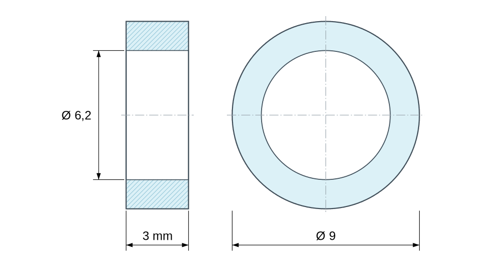 Σχέδιο διαστάσεων λείου αποστάτη από πλαστικό πολυαμίδιο PA6 ενισχυμένο με ίνες γυαλιού Ø6,2x9mm για βίδα M6 Σχέδιο διαστάσεων λείου αποστάτη από πλαστικό πολυαμίδιο PA6 ενισχυμένο με ίνες γυαλιού Ø6,2x9mm για βίδα M6