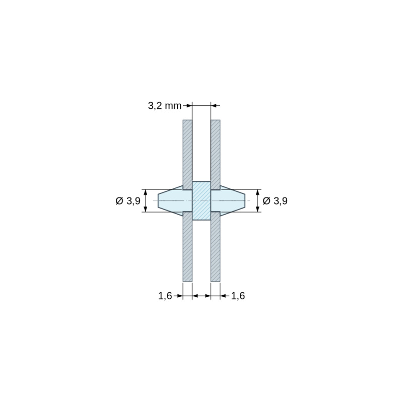 Σχέδιο με διαστάσεις 3,2 mm, Στήριγμα PCB με κούμπωμα και στις δύο πλευρές, PA6.6 φυσικό, UL94-V2, οπή PCB Ø3,9 mm, πάχος PCB 1,6 mm