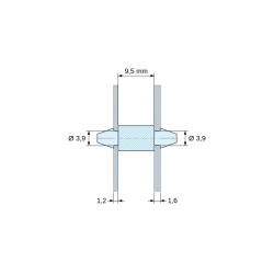 Σχέδιο με διαστάσεις 9,5 mm, Στήριγμα PCB με κούμπωμα και στις δύο πλευρές, Πολυαμίδιο PA6.6, φυσικό, UL94-V2, PCB Ø3,9/1,2 mm / CH Ø3,9/1,6 mm