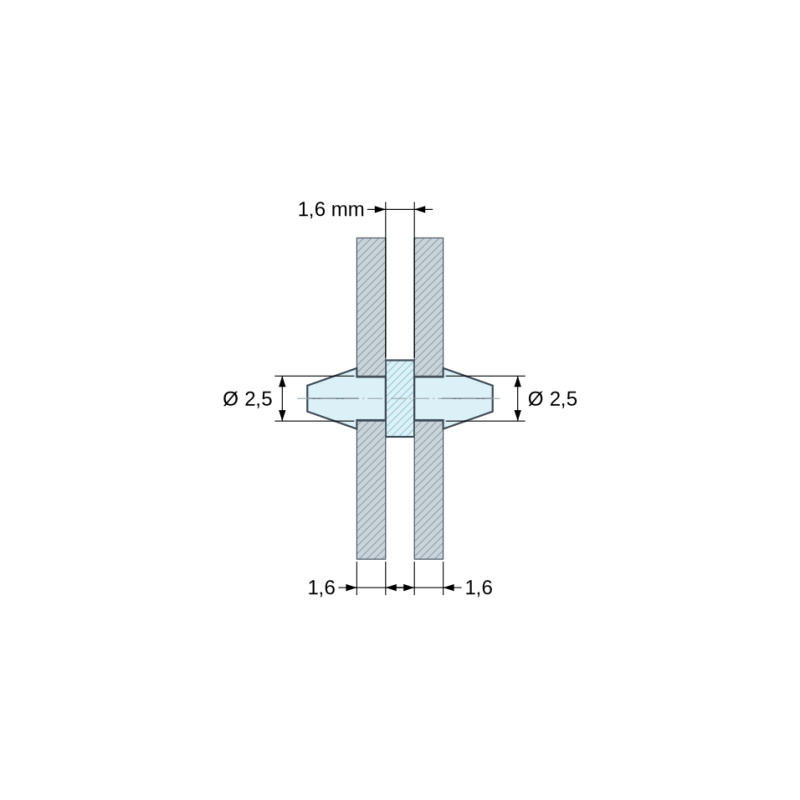 Mittapiirros 1,6 mm, Molemmista päistä napsautettava PCB-pidike, luonnonvärinen PA6.6-polyamidi UL94-V2, PCB-reikä Ø2,5 mm, PCB 1,6 mm