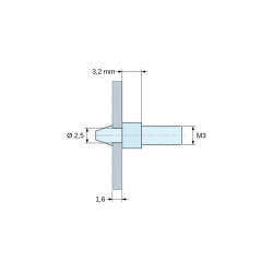 Mittapiirros 3,2 mm, Napsautettava piirilevyn pidike M3-kierteellä, luonnonvärinen PA6.6-polyamidi UL94-V2, reikä Ø2,5 mm, piirilevy 1,6 mm