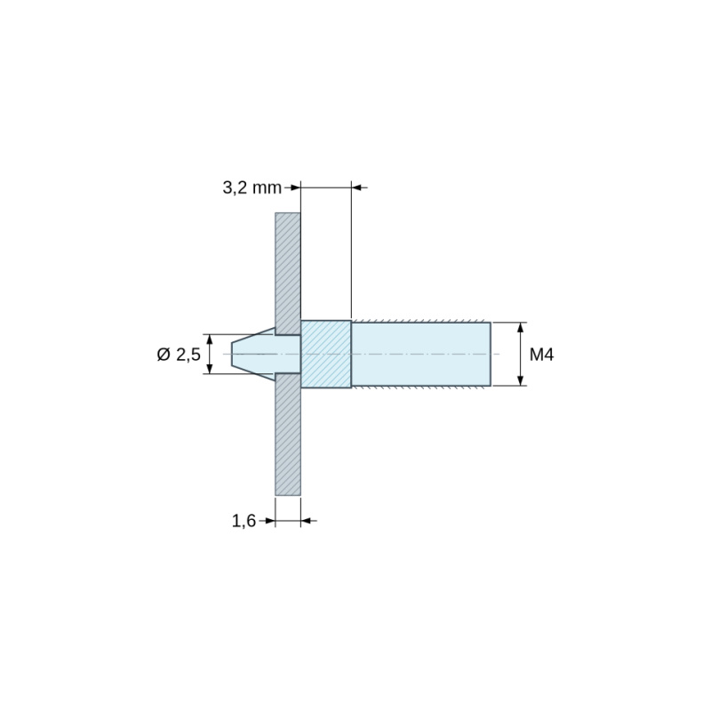 Mittapiirros 3,2 mm, Napsautettava piirilevyn pidike M4-kierteellä, luonnonvärinen PA6.6-polyamidi UL94-V2, reikä Ø2,5 mm, piirilevy 1,6 mm