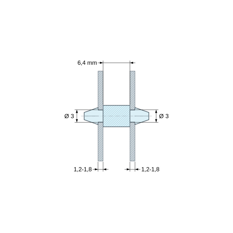 Mittapiirros 6,4 mm, Molemmista päistä napsautettava piirilevytuki, PA6.6 musta, UL94-V2, PCB-reikä Ø3 mm, piirilevyn paksuus 1,2–1,8 mm