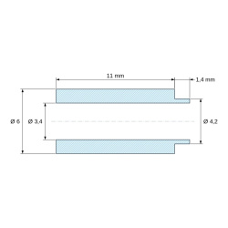 Mittapiirros 11 mm, Olakkeellinen PA6-GF-väliholkki Ø3,4×6 mm, olake Ø4,2×1,4 mm, M3, UL94-HB
