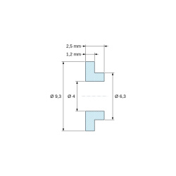 Mittapiirros 2,5 mm, Eristysholkki laipalla Ø4x9,3mm, matala olake Ø6,3mm, musta lasikuituvahvistettu PA6.6-polyamidi