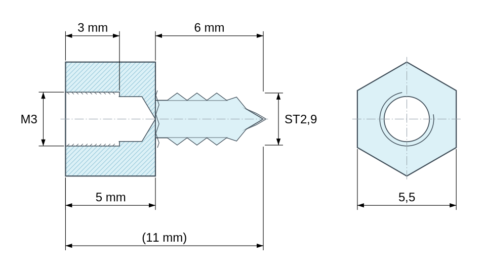 Kotirani crtež šesterokutnog samoureznog odstojnika s navojem od pocinčanog čelika M3 / ST2,9 - 5,5 mm širina preko ravnih ploha