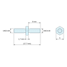 Méretezett rajz 1,7 mm / 8 mm, Hatlapú, külső/külső menetes távtartó, sárgán horganyzott acél, UNC4-40 - 5 mm laptávolság