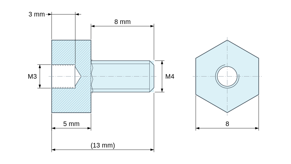 PA6.6 poliamid műanyag külső/belső menetes hatszögletű távtartó méretezett rajza M3 / M4 - 8 mm laptávolság PA6.6 poliamid műanyag külső/belső menetes hatszögletű távtartó méretezett rajza M3 / M4 - 8 mm laptávolság
