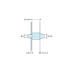 Méretezett rajz 9,5 mm, Kétoldalt bepattintható NYÁK-tartó, natúr PA6.6 poliamid UL94-V2, NYÁK Ø4 mm 1,6 mm / ház Ø4,8 mm 0,2–1,4 mm