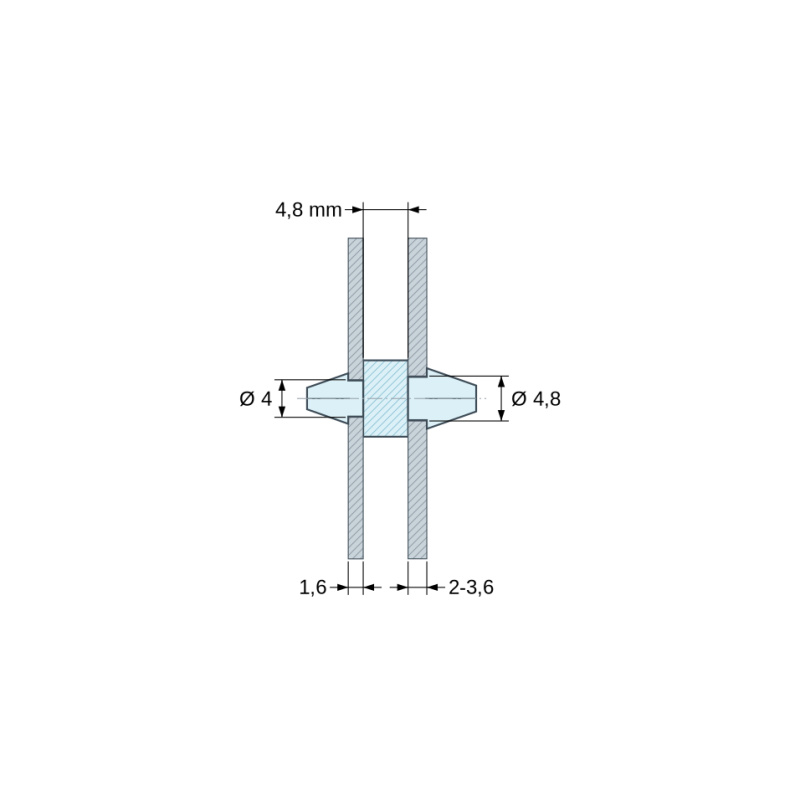 Méretezett rajz 4,8 mm, Kétoldalt bepattintható NYÁK-tartó, PA6.6 poliamid, natúr, UL94-V2, PCB Ø4/1,6 mm / CH Ø4,8/2–3,6 mm