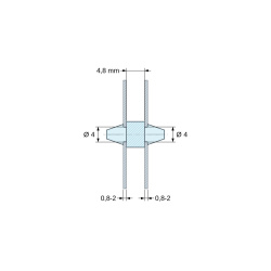 Méretezett rajz 4,8 mm, Kétoldalt bepattintható NYÁK-tartó, PA6.6 natúr, UL94-V2, NYÁK-furat Ø4 mm, NYÁK-vastagság 0,8–2 mm