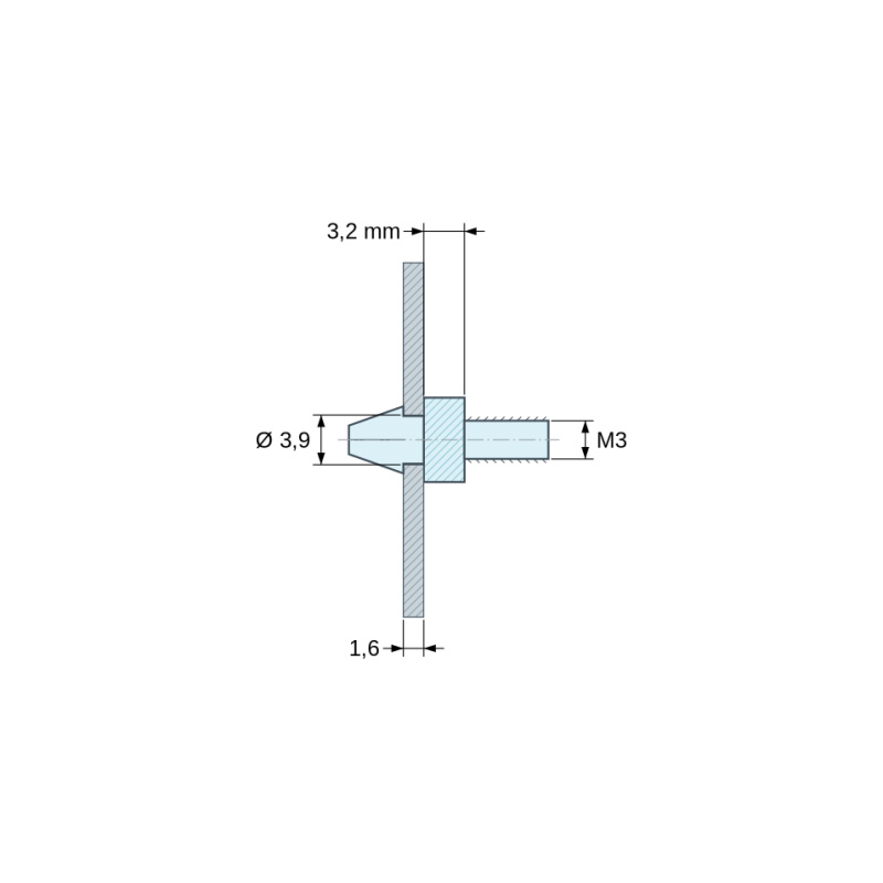 Méretezett rajz 3,2 mm, Bepattintható NYÁK-tartó M3 menettel, natúr PA6.6 poliamid UL94-V2, Ø3,9 mm furat, 1,6 mm NYÁK