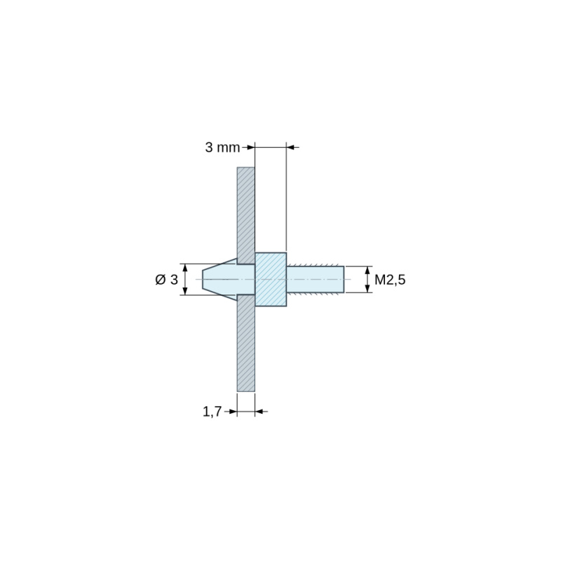 Méretezett rajz 3 mm, Bepattintható NYÁK-tartó M2,5 menettel, fekete PA6.6 poliamid UL94-HB, Ø3 mm furat, 1,7 mm NYÁK