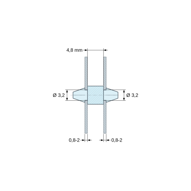 Méretezett rajz 4,8 mm, Kétoldalt bepattintható NYÁK-tartó, PA6.6 natúr, UL94-V2, NYÁK-furat Ø3,2 mm, NYÁK-vastagság 0,8–2 mm