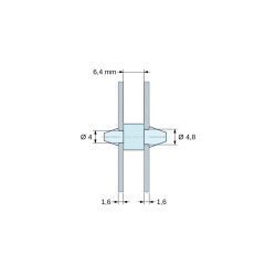 Méretezett rajz 6,4 mm, Kétoldalt bepattintható NYÁK-tartó, PA6.6 poliamid, natúr, UL94-V2, PCB Ø4/1,6 mm / CH Ø4,8/1,6 mm