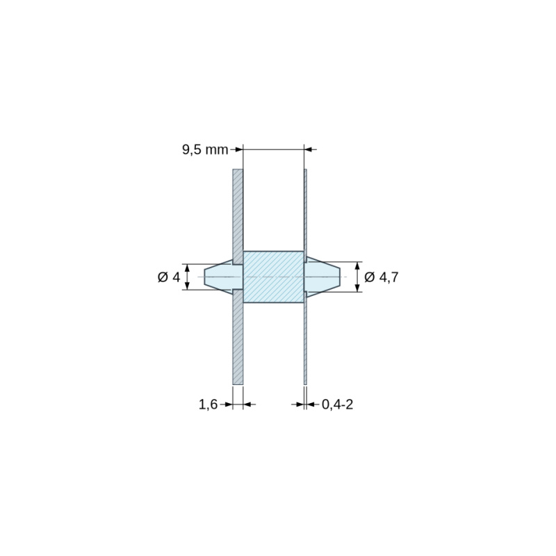 Méretezett rajz 9,5 mm, Kétoldalt bepattintható NYÁK-tartó, PA6.6 poliamid, natúr, UL94-V2, PCB Ø4/1,6 mm / CH Ø4,7/0,4–2 mm