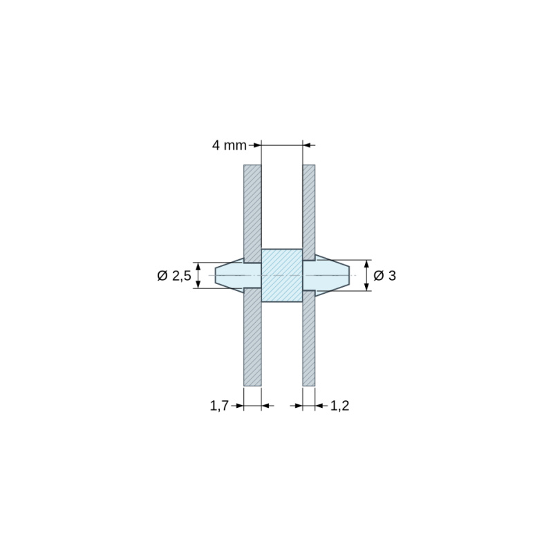 Méretezett rajz 4 mm, Kétoldalt bepattintható NYÁK-tartó, PA6.6 poliamid, fekete, UL94-HB, PCB Ø2,5/1,7 mm / CH Ø3/1,2 mm