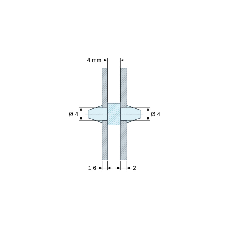 Méretezett rajz 4 mm, Kétoldalt bepattintható NYÁK-tartó, PA6.6 poliamid, fekete, UL94-HB, PCB Ø4/1,6 mm / CH Ø4/2 mm