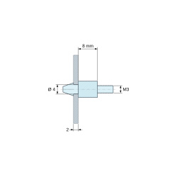 Méretezett rajz 8 mm, Bepattintható NYÁK-tartó M3 menettel, fekete PA6.6 poliamid UL94-HB, Ø4 mm furat, 2 mm NYÁK