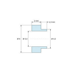 Méretezett rajz 2 mm, Vállas PA6-GF távtartó Ø3,4×6 mm, váll Ø4,2×1,3 mm, M3 csavarhoz, UL94-HB