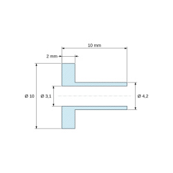Méretezett rajz 10 mm, Szigetelő persely karimával Ø3,1x10mm, magas váll Ø4,2mm, fekete üvegszál-erősítésű PA6.6 poliamid UL94-HB