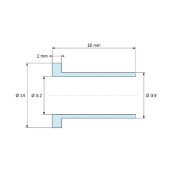 Méretezett rajz 18 mm, Szigetelő persely karimával Ø8,2x14mm, magas váll Ø9,9mm, fekete üvegszál-erősítésű PA6.6 poliamid UL94-HB