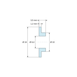 Méretezett rajz 3,5 mm, Szigetelő persely karimával Ø6,4x16mm, alacsony váll Ø10mm, fekete üvegszál-erősítésű PA6.6 poliamid