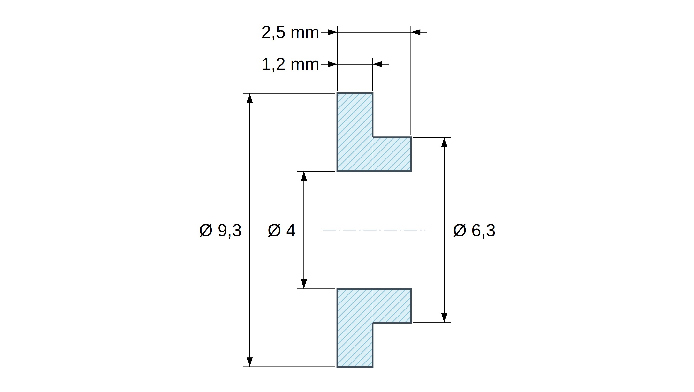 Bucha isoladora com flange Ø4x9,3mm, ressalto baixo Ø6,3mm, poliamida PA4.6 preta reforçada com fibra de vidro UL94-V0