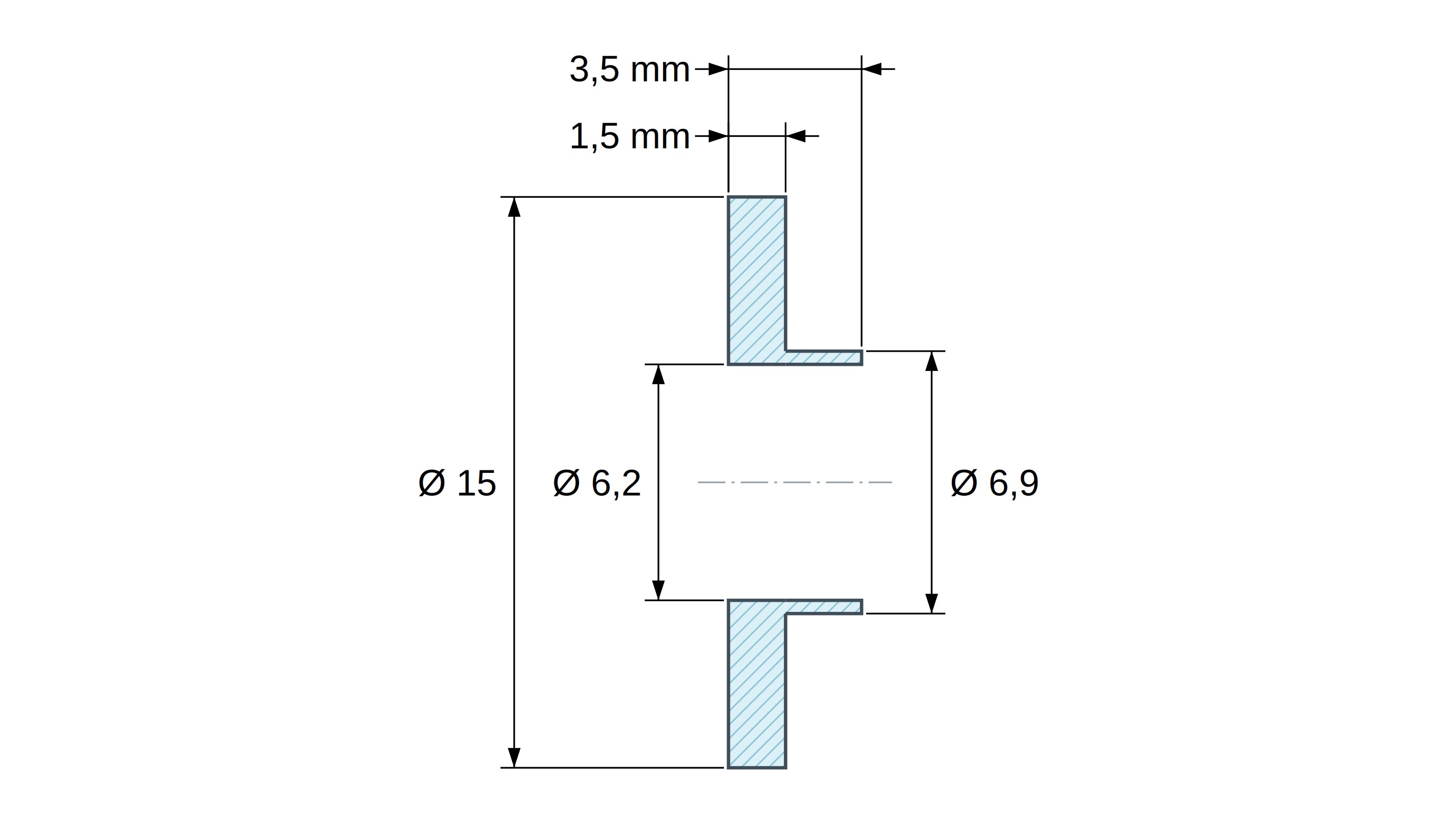 Insulating flanged bushing Ø6,2x15mm, low shoulder Ø6,9mm, natural PA6.6 polyamide UL94-V2 Insulating flanged bushing Ø6,2x15mm, low shoulder Ø6,9mm, natural PA6.6 polyamide UL94-V2