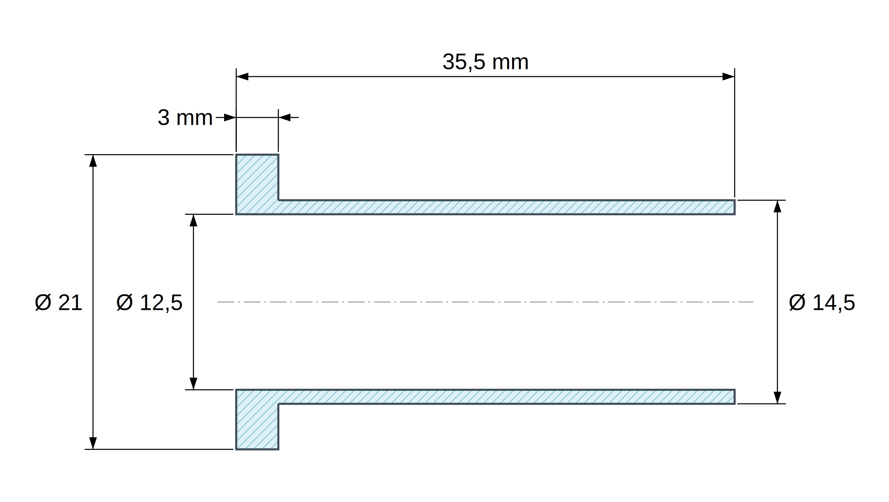 Insulating flanged bushing Ø12,5x21mm, high shoulder Ø14,5mm, black glass-fiber-reinforced PA6.6 polyamide UL94-HB Insulating flanged bushing Ø12,5x21mm, high shoulder Ø14,5mm, black glass-fiber-reinforced PA6.6 polyamide UL94-HB