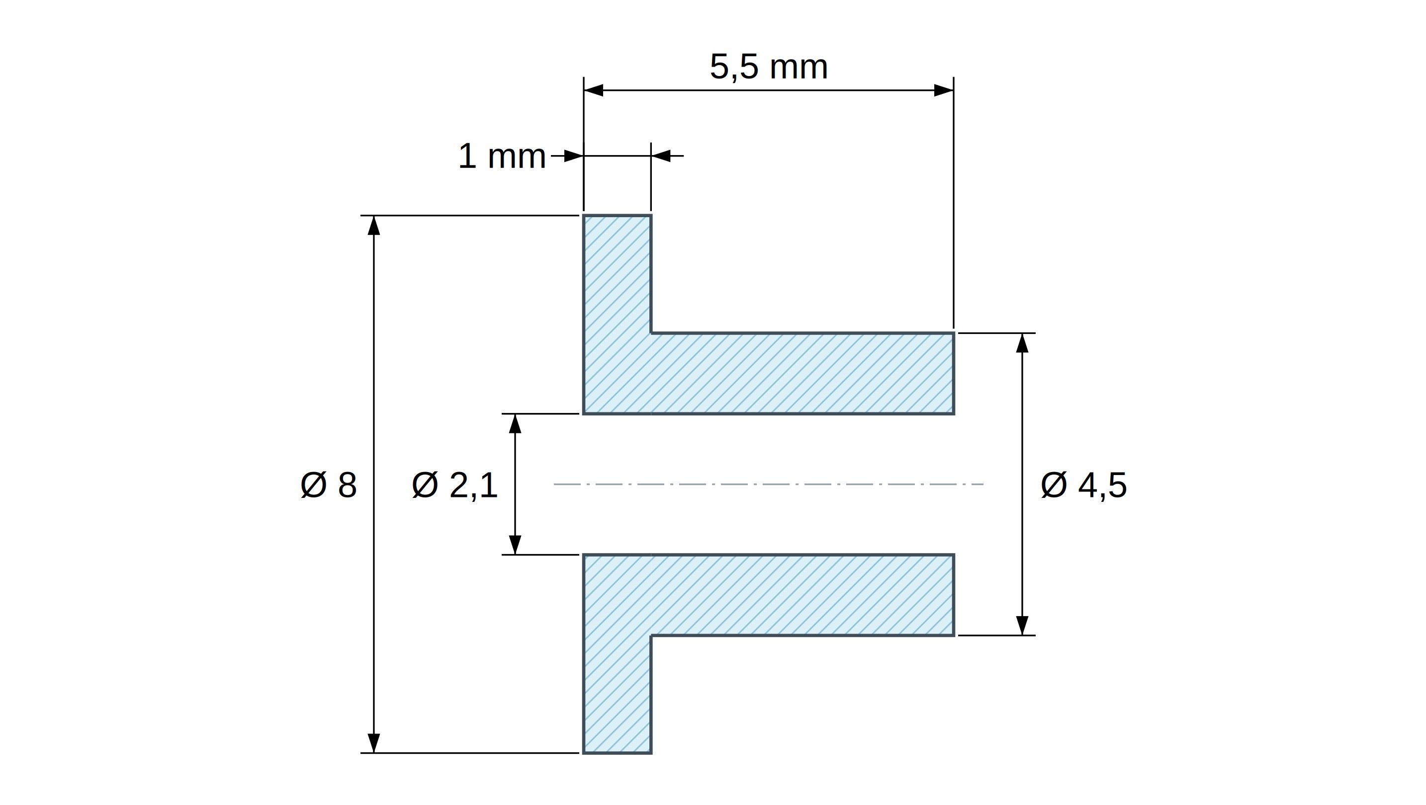 Isolerbussning med fläns Ø2,1x8mm, hög ansats Ø4,5mm, svart glasfiberförstärkt PA6.6-polyamid UL94-HB Isolerbussning med fläns Ø2,1x8mm, hög ansats Ø4,5mm, svart glasfiberförstärkt PA6.6-polyamid UL94-HB