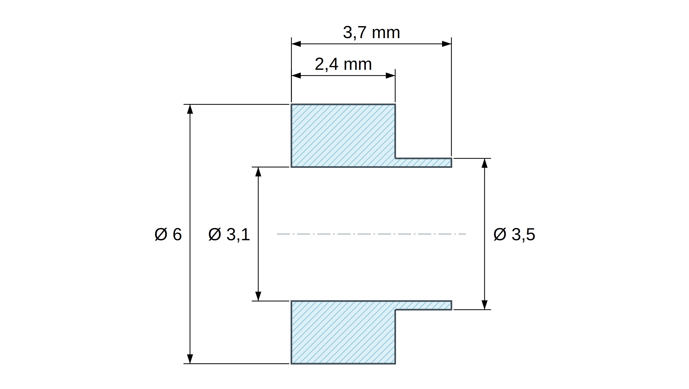 Isolerbussning med fläns Ø3,1x6mm, låg ansats Ø3,5mm, svart glasfiberförstärkt PA6.6-polyamid UL94-HB Isolerbussning med fläns Ø3,1x6mm, låg ansats Ø3,5mm, svart glasfiberförstärkt PA6.6-polyamid UL94-HB